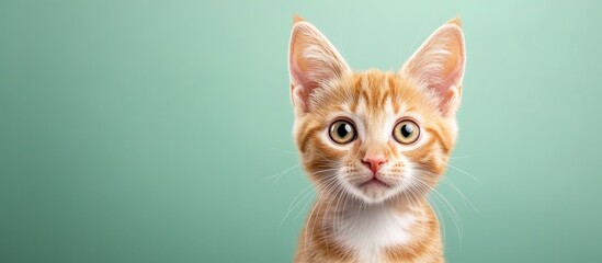 Poster - Portrait of an orange and white tabby kitten gazing directly at the viewer with a skeptical look A green background provides copy space