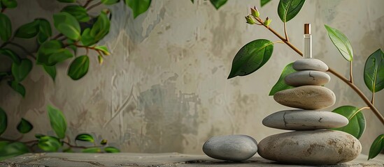 Poster - Still life of meditation with a pipette resting on a pyramid of three stones and green leaves along with a space for text. with copy space image. Place for adding text or design