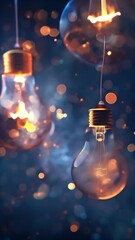 Poster - Close-up of multiple glowing light bulbs with a bokeh background, symbolizing ideas, creativity, and innovation. The warm, vibrant glow of the bulbs contrasts beautifully blurred background