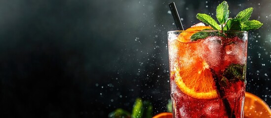 Poster - Summer cold beverage blood orange mint cocktail mimosa mojito or sangria copyspace