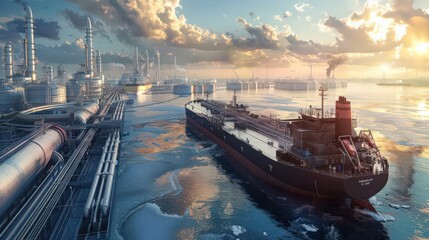 Poster - Show a cargo ship at a coastal refinery, with large pipes and storage tanks in the background and the ship being loaded with raw materials