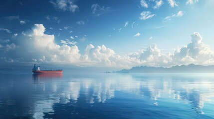 Poster - Show a cargo ship navigating through calm, azure waters with distant islands visible on the horizon, creating a serene and peaceful scene