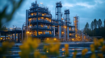 Poster - A chemical plant operates at dusk, showcasing illuminated structures against a backdrop of nature.