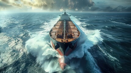 Poster - Show a cargo ship traveling at high speed, with its bow slicing through the waves