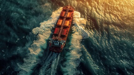Poster - Show a cargo ship traveling at high speed, with its bow slicing through the waves