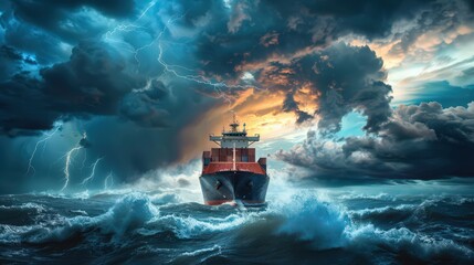 Poster - Show a cargo ship under a dramatic stormy sky, with dark clouds and lightning in the background