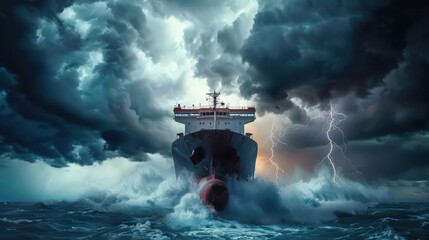 Poster - Show a cargo ship under a dramatic stormy sky, with dark clouds and lightning in the background