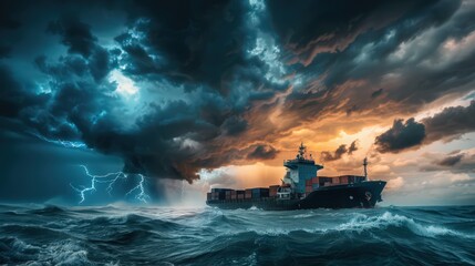 Poster - Show a cargo ship under a dramatic stormy sky, with dark clouds and lightning in the background