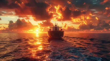 Poster - show a cargo ship under a dramatic sunset, with the warm hues reflecting off the ship's metal surfac