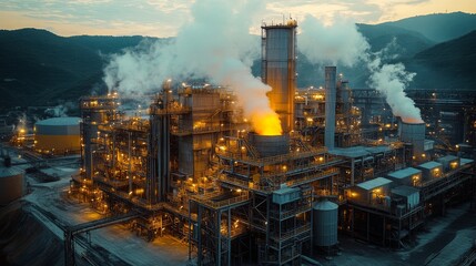 Poster - a steel mill operates at dusk, showcasing emission capture technology with smoke and bright lights i