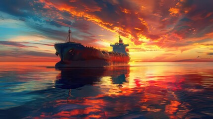 Poster - show a cargo ship under a dramatic sunset, with the warm hues reflecting off the ship's metal surfac