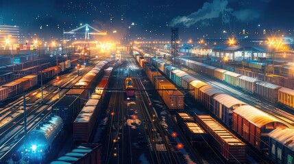 Poster - show a cargo train at a nighttime rail yard, with bright lights illuminating the train and surroundi