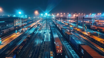 Poster - show a cargo train at a nighttime rail yard, with bright lights illuminating the train and surroundi