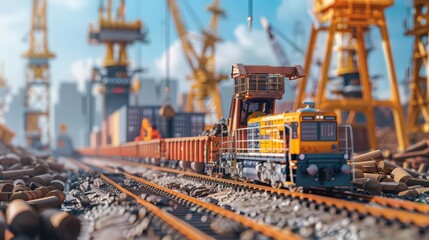 Poster - Show a cargo train being loaded with heavy machinery at a construction site, with cranes and equipment in the background