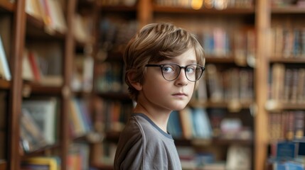 A young boy wearing glasses stands in a library