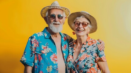 A joyful elderly couple in summer attire posing together against a bright yellow background.