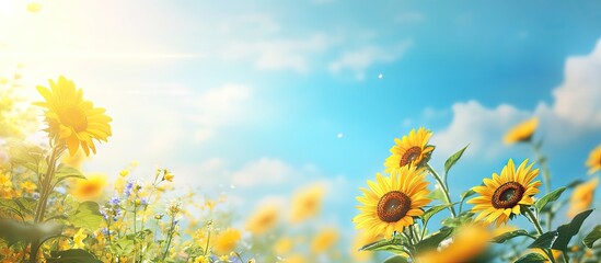 Poster - Sunflowers blossoming on trees with a blue sky backdrop and copy space