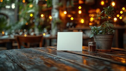 Poster - A blank white sign stands on a rustic wooden table in a restaurant, with warm lighting and blurred background.