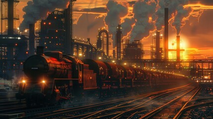 Poster - Show a cargo train moving through an industrial zone at twilight, with factory lights and smoke adding to the scene's ambiance