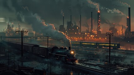 Poster - Show a cargo train moving through an industrial zone at twilight, with factory lights and smoke adding to the scene's ambiance
