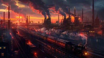 Poster - Show a cargo train moving through an industrial zone at twilight, with factory lights and smoke adding to the scene's ambiance