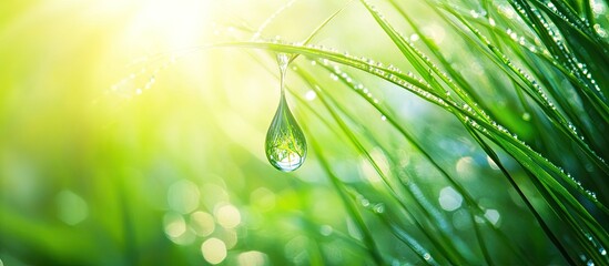 Fototapete - Close up of fresh grass with dew drops A drop hangs from the grass Spring themed image for the background. with copy space image. Place for adding text or design