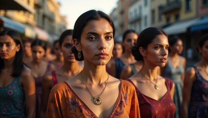 Multicultural women in traditional dresses on street