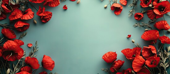Poster - poppy flower border top view and area for text. with copy space image. Place for adding text or design