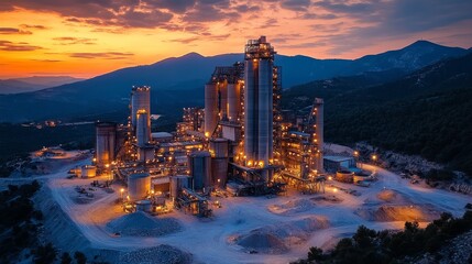 Poster - cement manufacturing plant uses ccs technology with illuminated towers under a vibrant sunset backdr