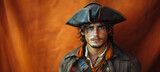 Young man dressed as a pirate for Halloween on an orange banner with space for copy. Perfect for holiday promotions and ads.