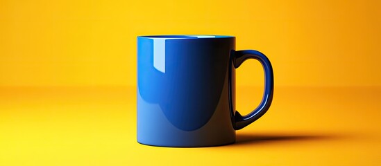 Poster - Blue mug set against a yellow background. with copy space image. Place for adding text or design