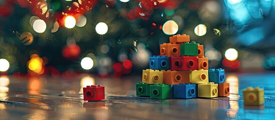 Poster - X Mas Sayings Formed With Toy Blocks On A Christmas Card Background Featuring Copy Space