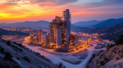 Poster - The cement plant is brightly lit against a sunset backdrop, showcasing its industrial structure and surrounding landscape.