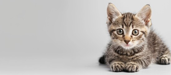 Poster - A curious kitten peers down at an empty white banner set against a white background. with copy space image. Place for adding text or design