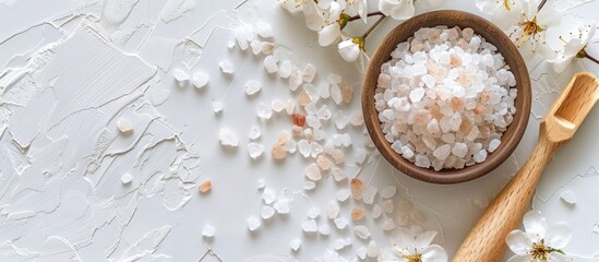 Aufkleber - Macro shot of bath sea salt crystals on a white background with copyspace