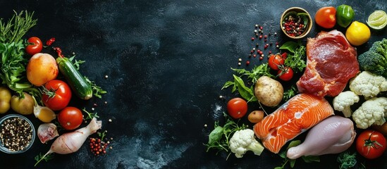 Poster - Fodmap diet concept with copyspace in the center Low FODMAP ingredients such as poultry fish seafood vegetables and fruits on a dark background Top view or flat lay