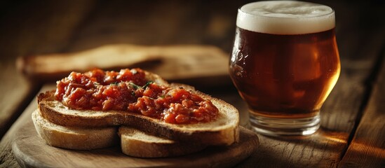 Aufkleber - Tapas a few toasted bread slices topped with canned tuna in tomato sauce accompanied by a glass of cold beer with foam placed on a wooden table. with copy space image. Place for adding text or design