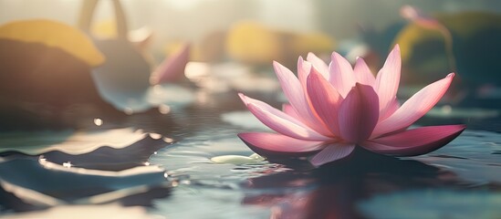 Poster - Soft close up of a stunning bright pink water lily or lotus Marliacea Rosea in an ancient pond Summer floral scene fresh wallpaper and nature backdrop concept. with copy space image