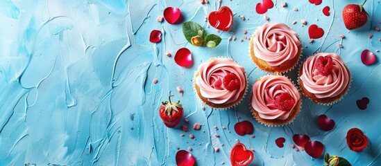 Poster - Valentine s Day A frame of rose flowers with heart shaped mousse cakes on a blue background Flat lay top view copyspace