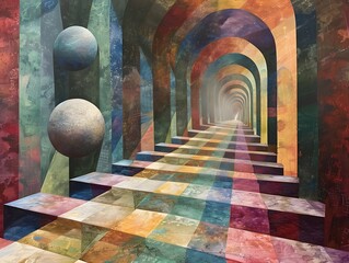 Wall Mural - Abstract Colorful Arches Leading to Light.