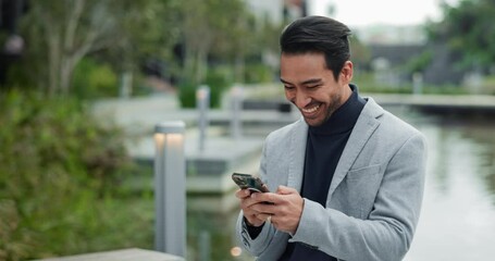 Poster - Business, Asian man and excited on smartphone with fist for email notification for promotion in New York. Male person, employee and happiness or smile with good news on bonus, prize and winning