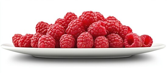 Aufkleber - A plate piled with red raspberries Isolated on white. with copy space image. Place for adding text or design