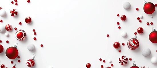 Poster - Christmas ornaments baubles and red candies on a white background holiday decoration greeting card template top view. with copy space image. Place for adding text or design