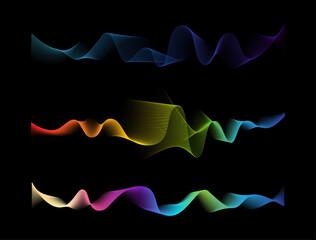 Aufkleber - Sound wave visualization colorful 3d lines and curves. Vector isolated set of solid waveforms, voice sample patterns. Abstract minimal liquid shape. Fluid background or pulse with gradients