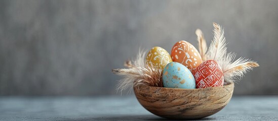Poster - Easter eggs and feathers arranged in a wooden bowl on a gray background Concept of a joyful Easter holiday. with copy space image. Place for adding text or design