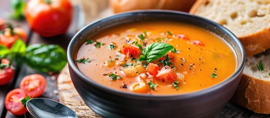Poster - Homemade Italian tomato soup with basil and a spoonful of sour cream in a soup pot accompanied by an Italian bread roll and a tomato on a stone surface. with copy space image