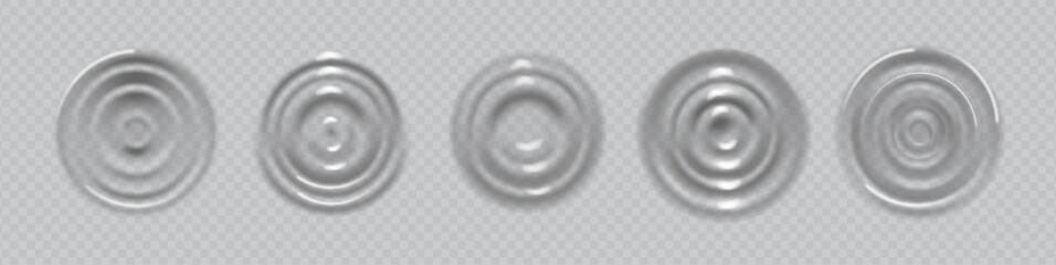 Leinwandbilder - Water ripple effect top view. Vector isolated set of realistic concentric waves and splashes on surface. Texture or effect for pond or river, pool or puddle. Raindrop motion radial shape