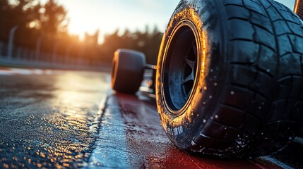 Closeup of a racing car s tires gripping the track as it accelerates out of a corner, highlighting performance, Race Track, Traction and power