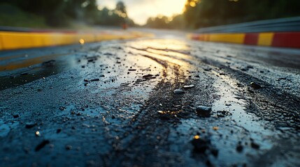 Closeup of a road on a racetrack with skid marks and rubber debris scattered across the surface, Racetrack Road, Aftermath of a race