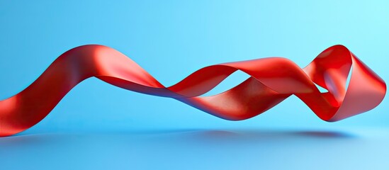 Fototapete - Red ribbon curl on a blue background A suitable option for a holiday card or text background such as a computer wallpaper or phone screensaver. with copy space image. Place for adding text or design